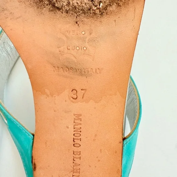 Manolo Blahnik Silver Turquoise Leather Vintage crystal thong sandals EU37 US 7 - Picture 9 of 10